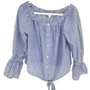 Lucky Woman’s Large Blue Gingham Tie Front Peasant Western Classic Summer Top